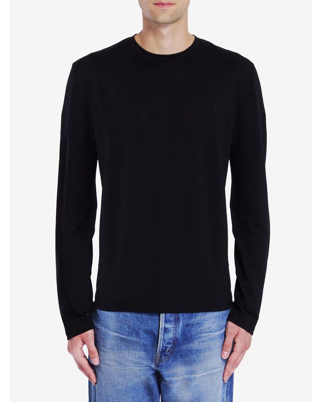 Saint Laurent Cassandre Long-Sleeve Wool T-Shirt in Blue for Men 