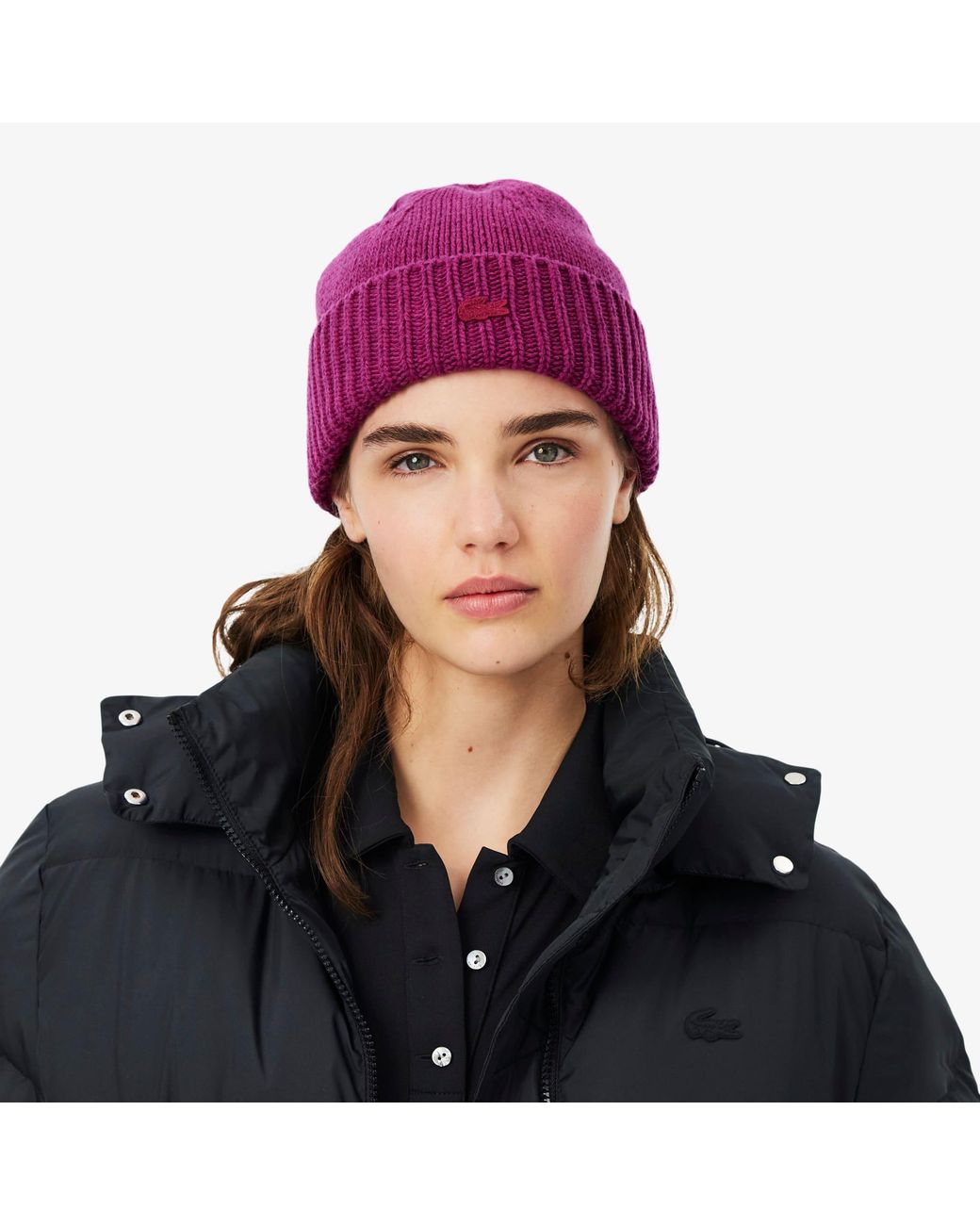 Lacoste Purple 3D Rib Knit Wool Beanie