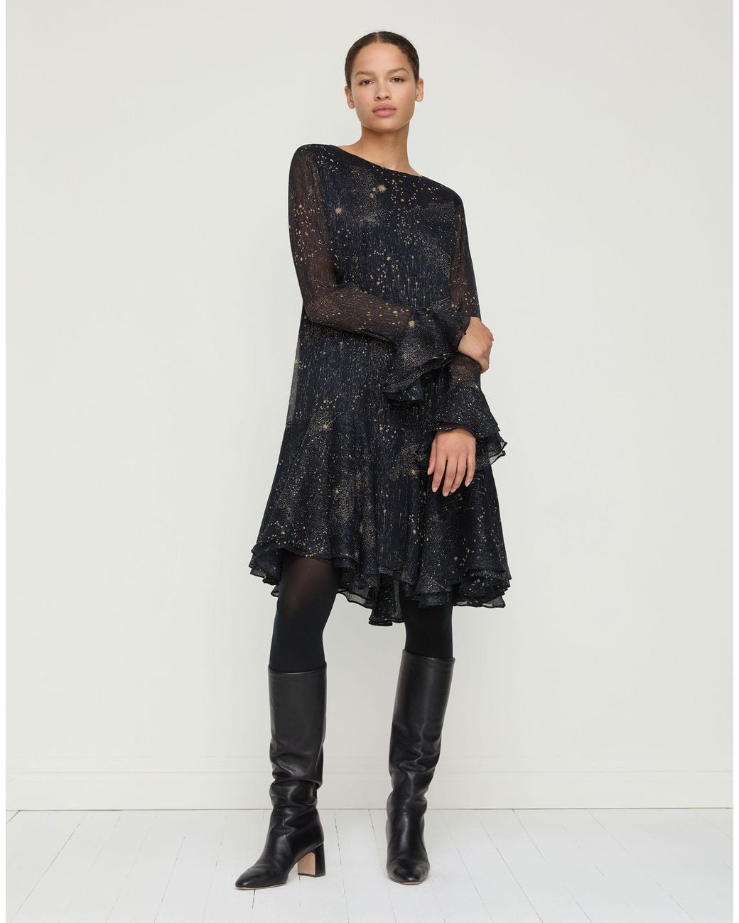 Lafayette 148 New York Cosmos Print Silk Long Sleeve Ruffle Dress in Black | Lyst Lafayette 148 New York Cosmos Print Silk Long Sleeve Ruffle Dress in Black | Lyst