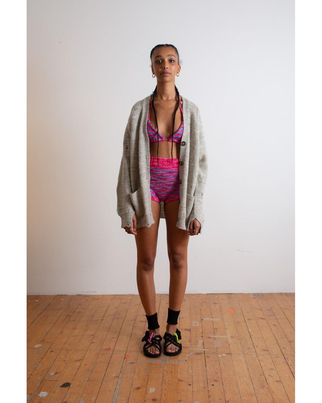 La Fetiche Pink Chloe Handknitted Striped Bikini Top