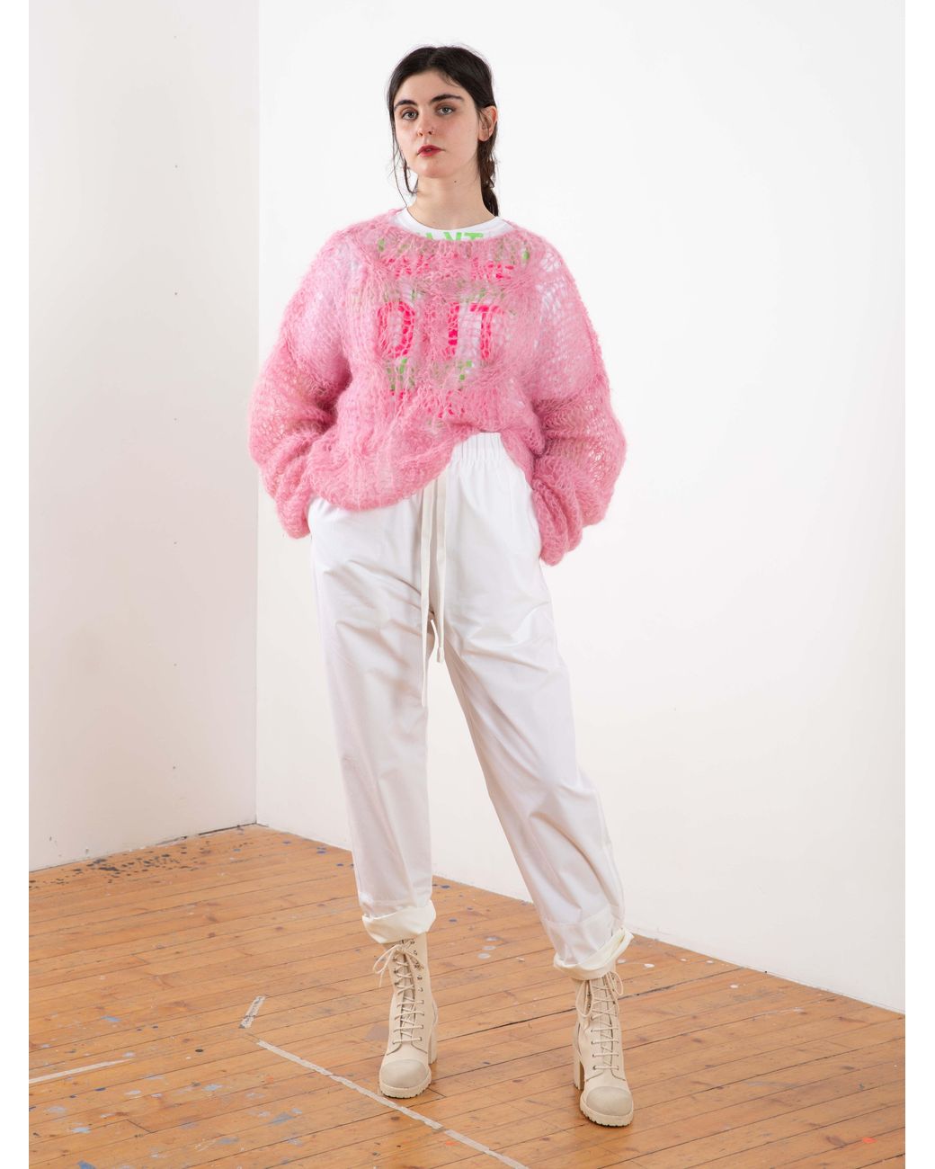 La Fetiche Pink Candy Hand Knitted Cable Mohair Sweater