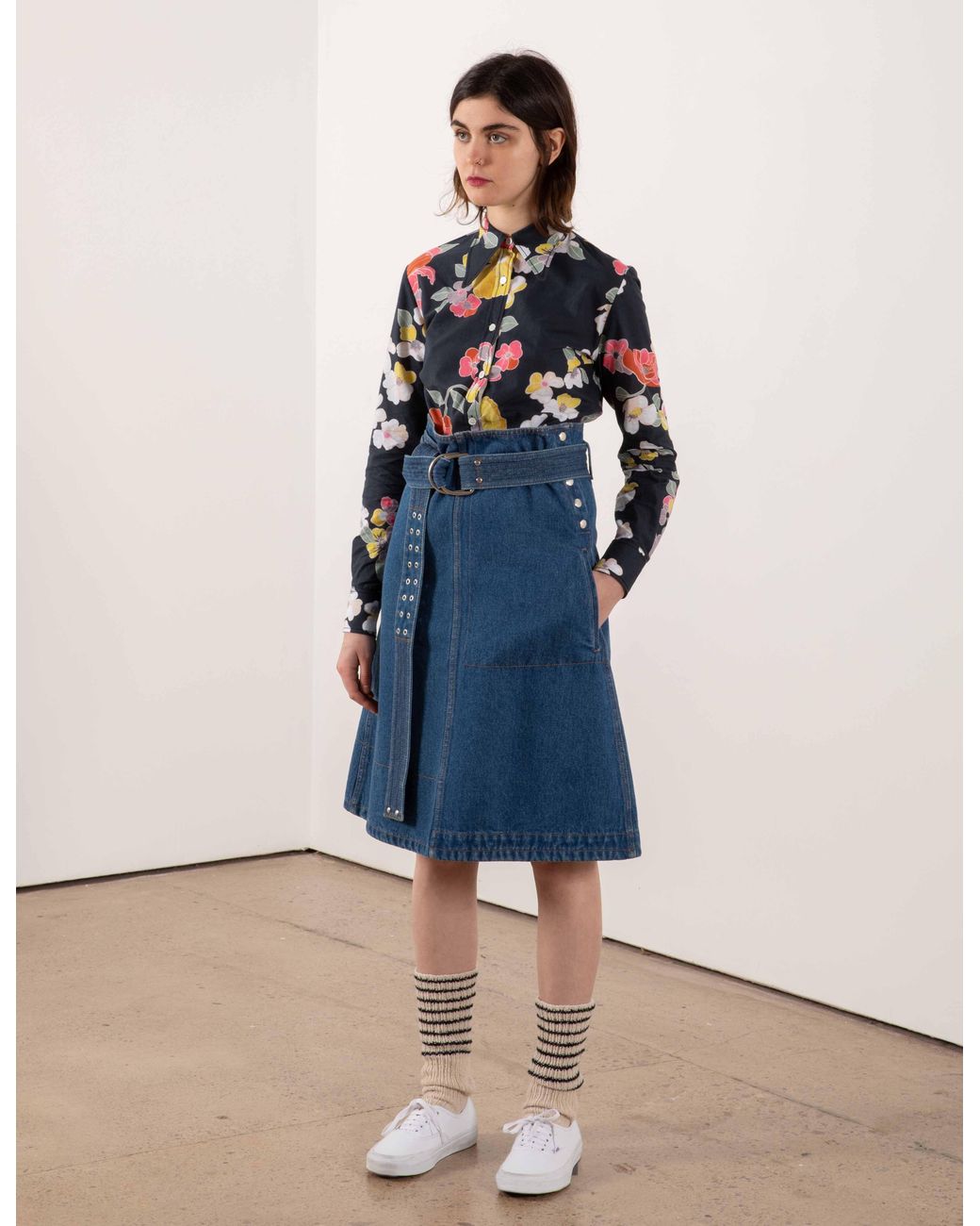 La Fetiche Blue Bonnie Washed Denim Skirt With Utility Belt And Ochre Topstitching