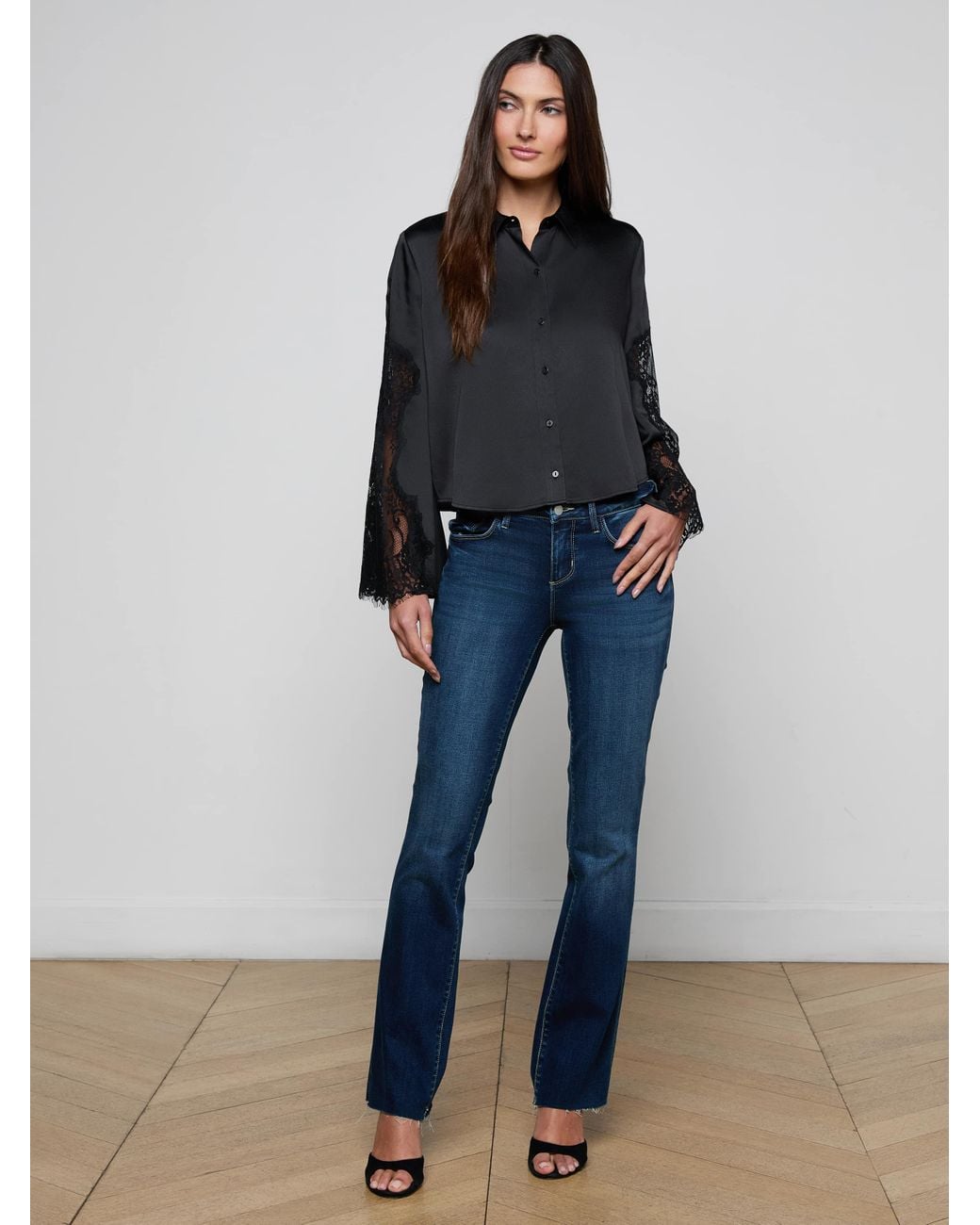 L'Agence Gray Capri Lace Sleeve Blouse Top