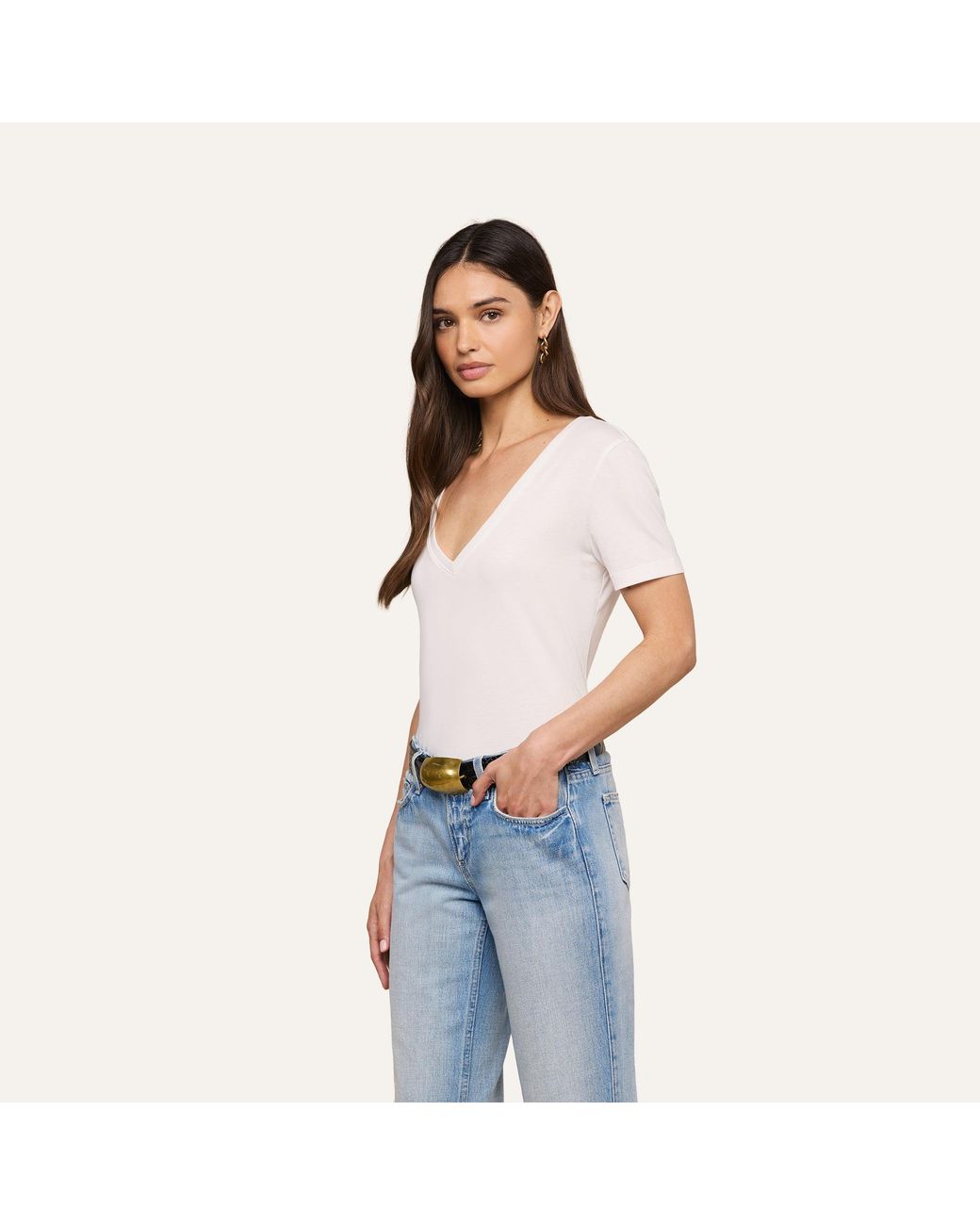 L'Agence Blue Brianna Cotton V-Neck T-Shirt