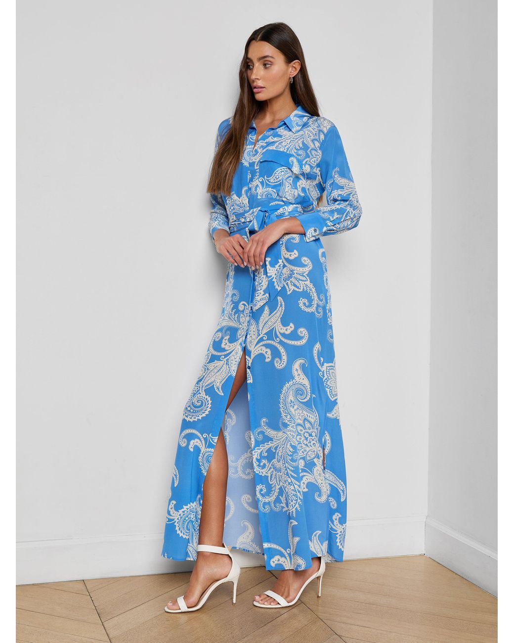 L'Agence Blue Cameron Silk Shirt Dress