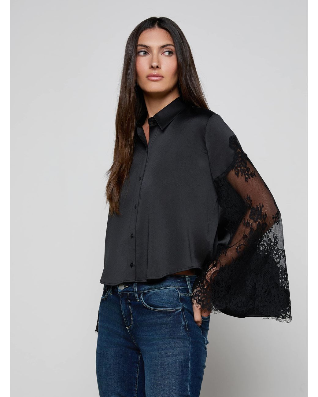 L'Agence Gray Capri Lace Sleeve Blouse Top