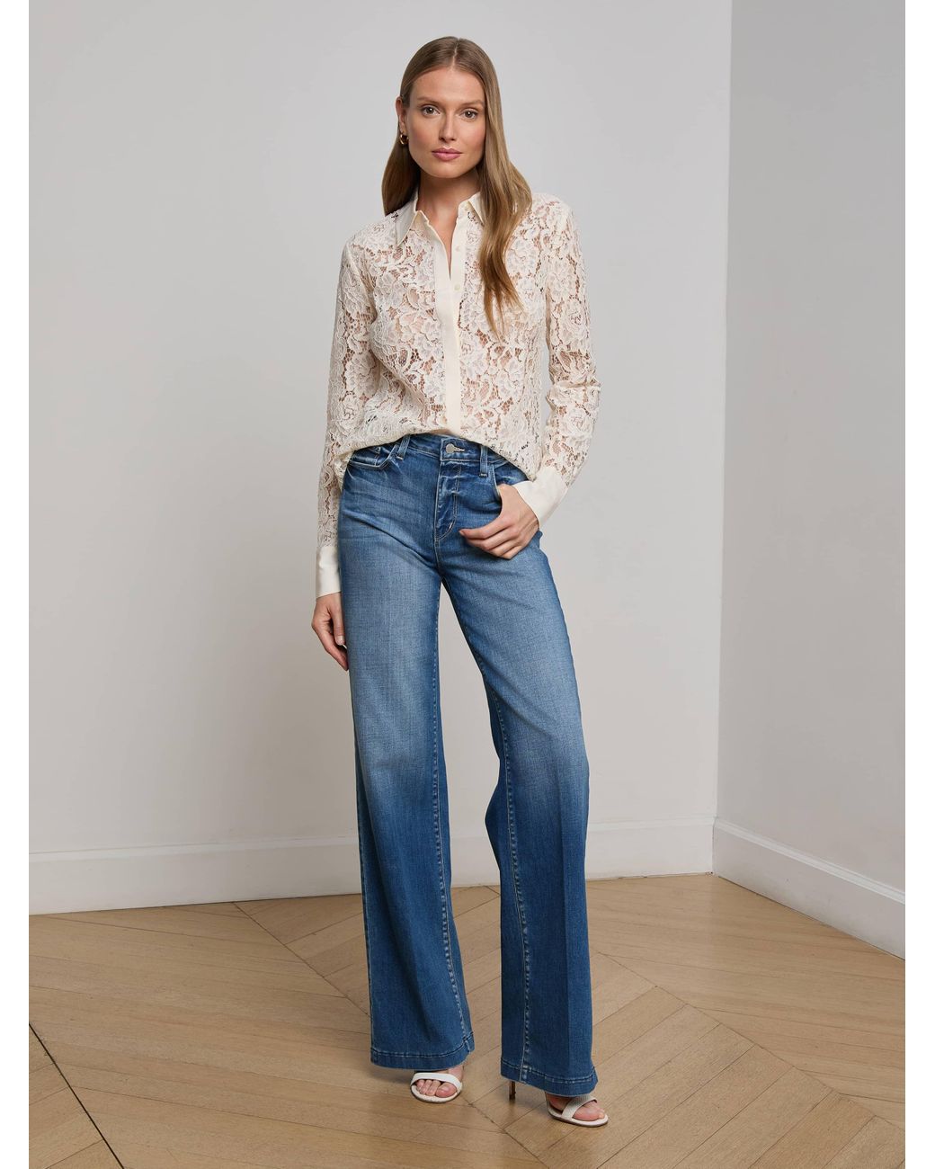 L'Agence Blue Maia Lace Blouse Top