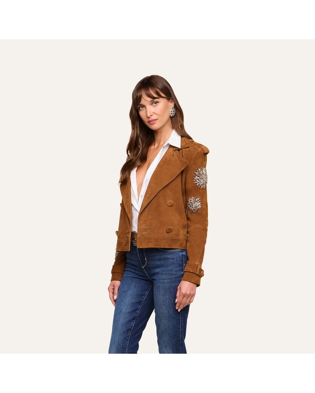 L'Agence Brown Xoey Cropped Crystal Trench Coat