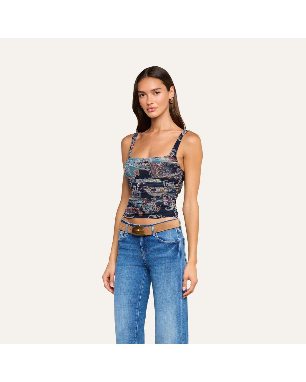 L'Agence Blue Rasha Shirred Mesh Tank Top