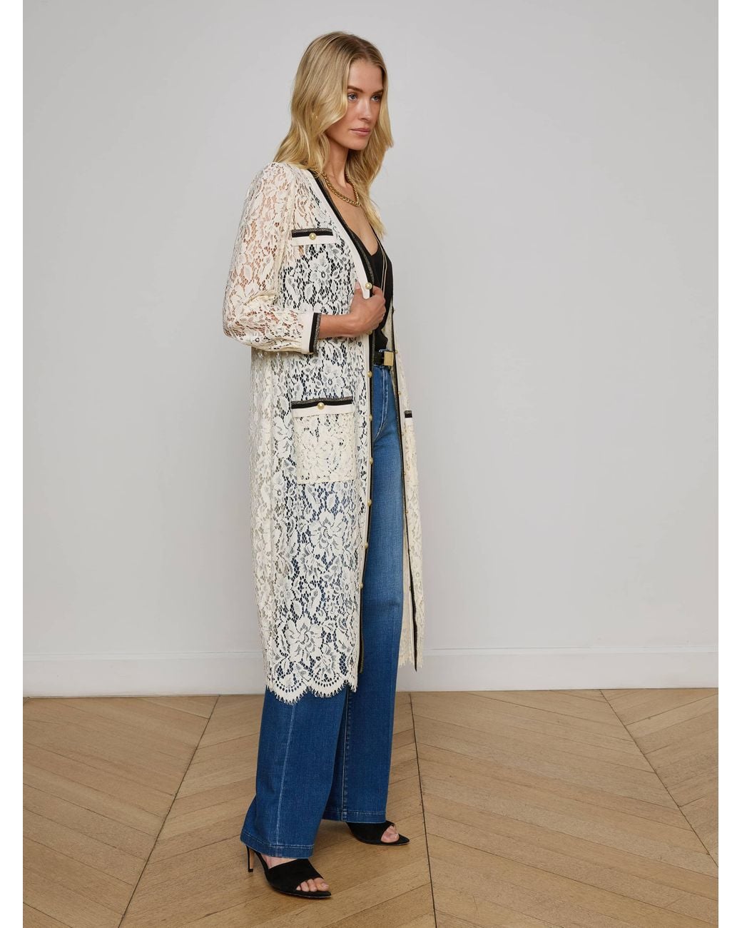 knee length dresses for ladies Momyknows Ivory Lace Two Piece Set Side Slit V-Neck Cami Maxi Dress and Crop Cardigan Elegant Going Out Maternity Photoshoot Baby Shower Maxi Dress main image 0