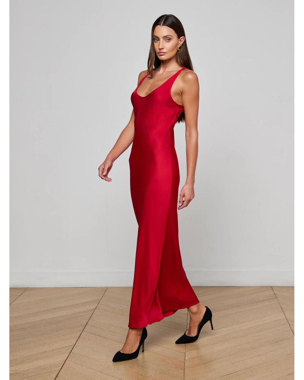 L'Agence Red Akiya Satin Maxi Dress