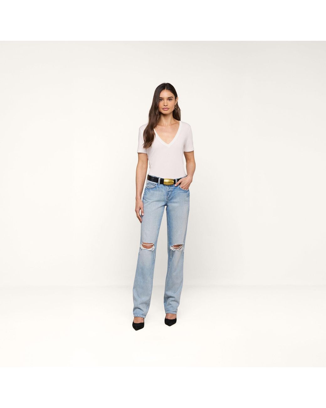 L'Agence Blue Brianna Cotton V-Neck T-Shirt