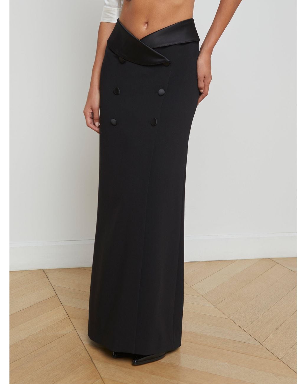 L'Agence Tuxedo-Style Satin Trim Maxi Skirt in White | Lyst