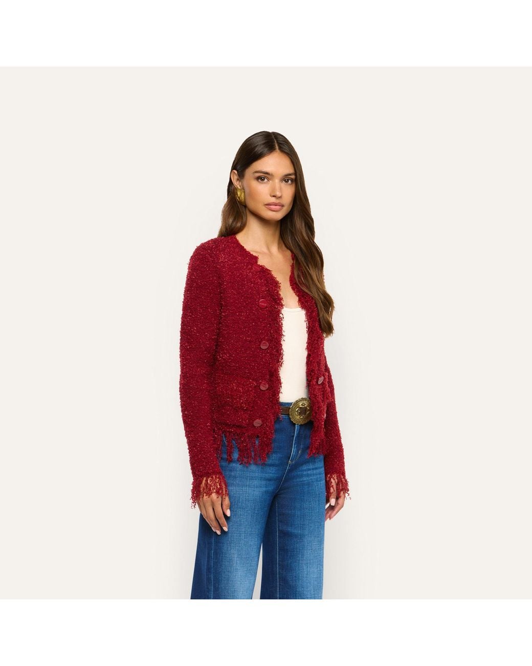 L'Agence Red Mireille Fringe Cardigan