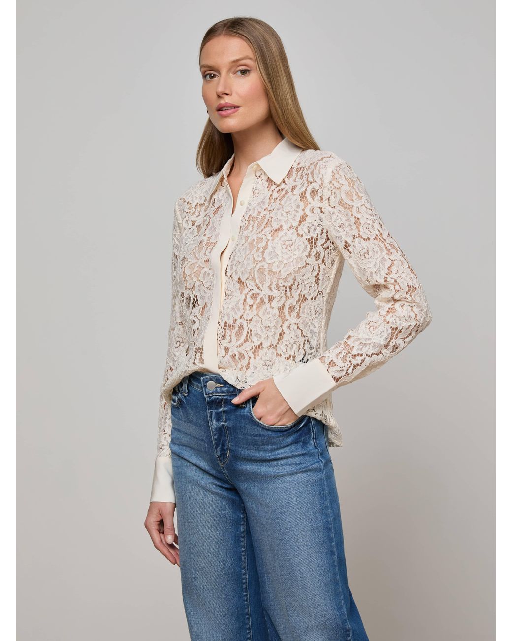L'Agence Blue Maia Lace Blouse Top