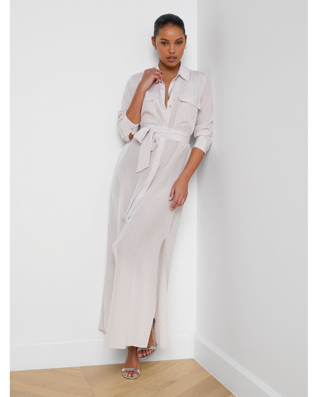 cameron shirt dress L'AGENCE Cameron Silk Shirt Dress In Light Pink Multi Large Postcard Print