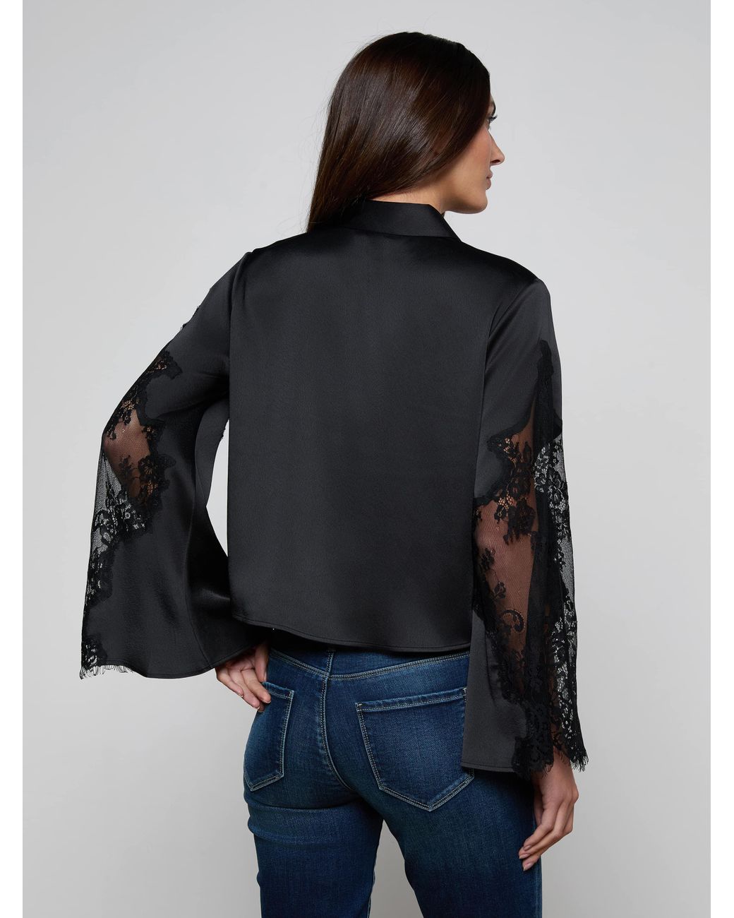 L'Agence Gray Capri Lace Sleeve Blouse Top