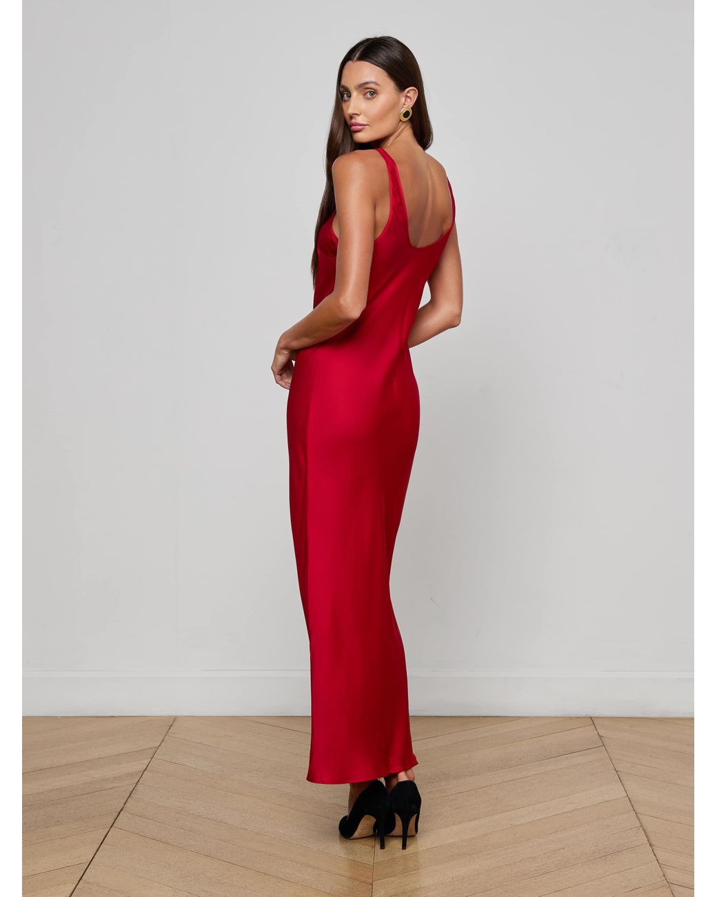 L'Agence Red Akiya Satin Maxi Dress