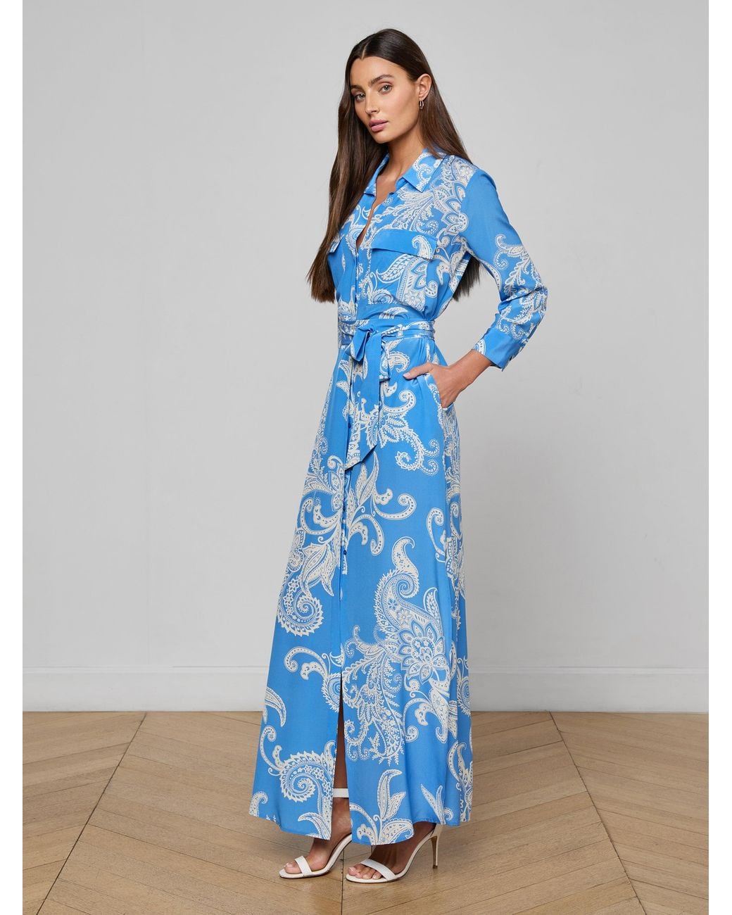 L'Agence Blue Cameron Silk Shirt Dress