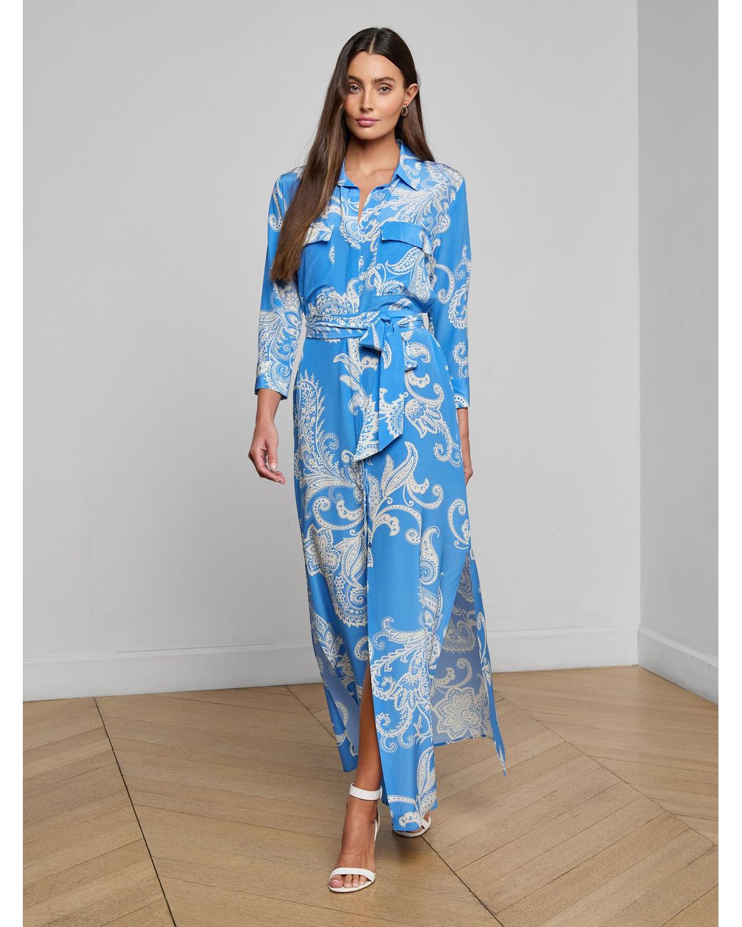 L'Agence Blue Cameron Silk Shirt Dress