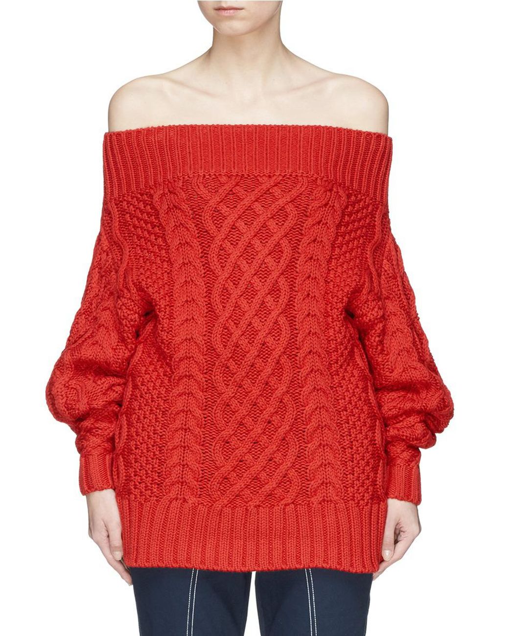 Self-Portrait Oversized Off-shoulder Cable Knit Sweater in Red | Lyst