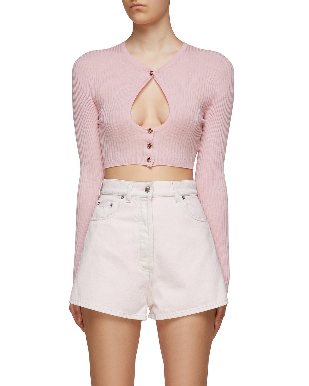 Versace Fine Rib Cutout Detail Cropped Cardigan in White Lyst