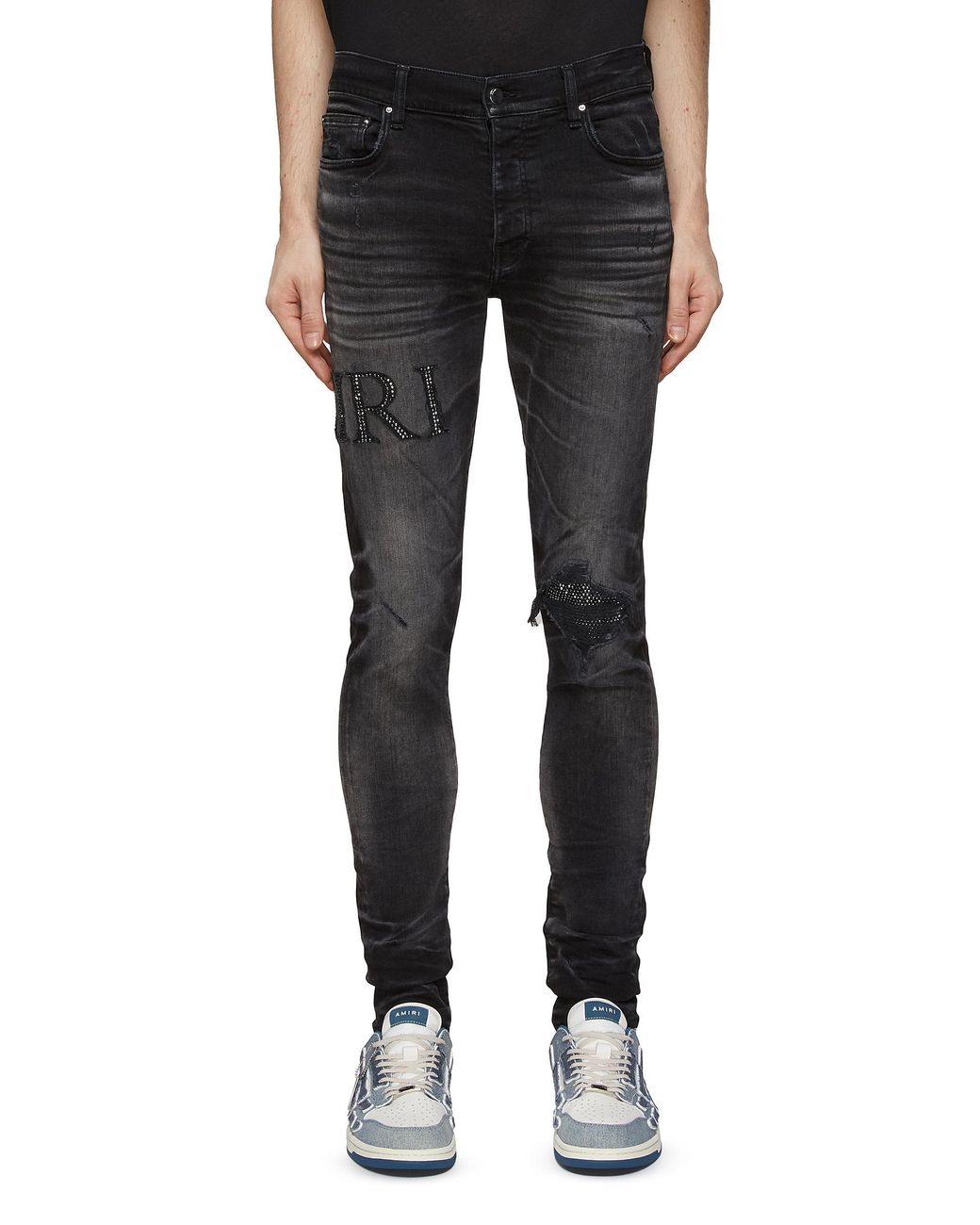 Amiri Rhinestone Embellished Logo Skinny Jeans In Black For Men Lyst