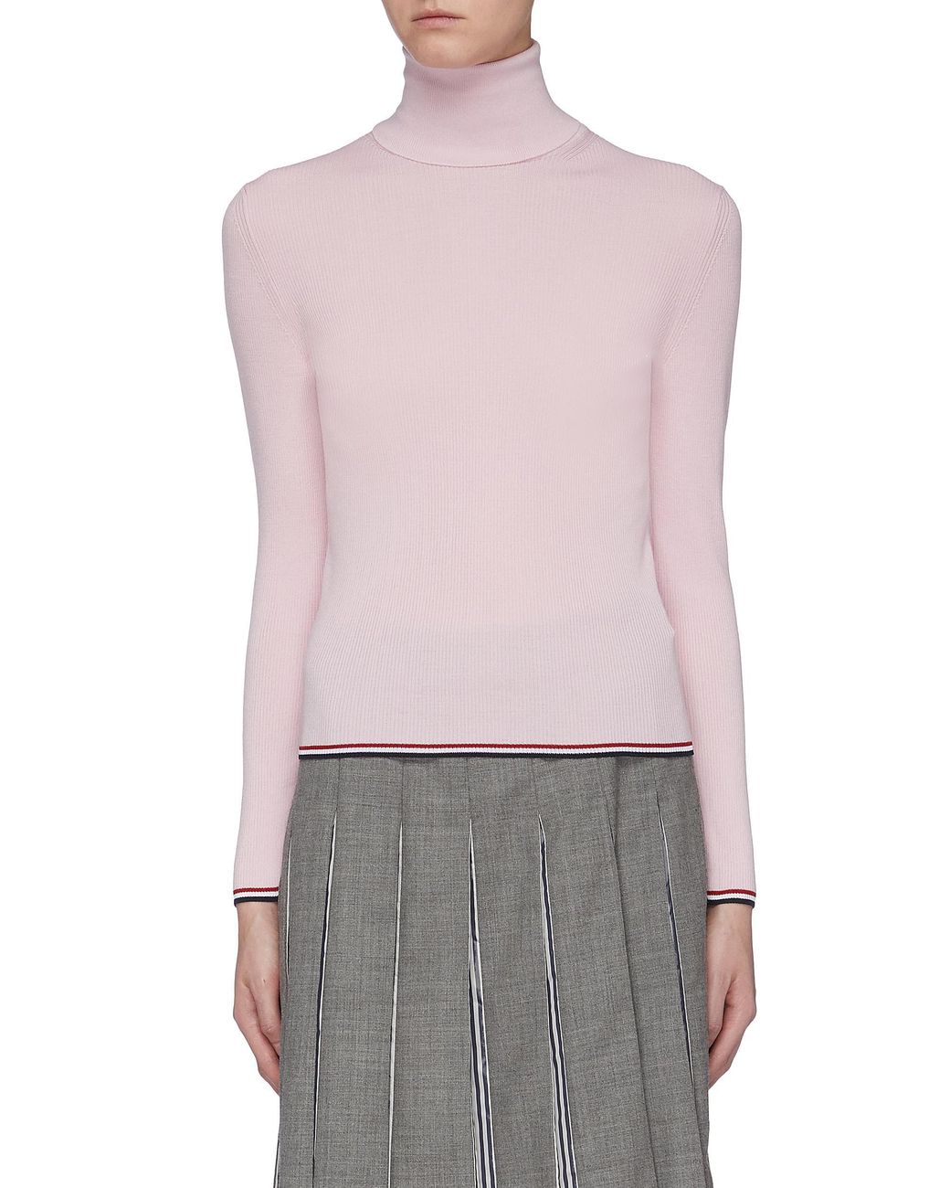 Thom Browne Wool Stripe Border Rib Knit Turtleneck Sweater in Light