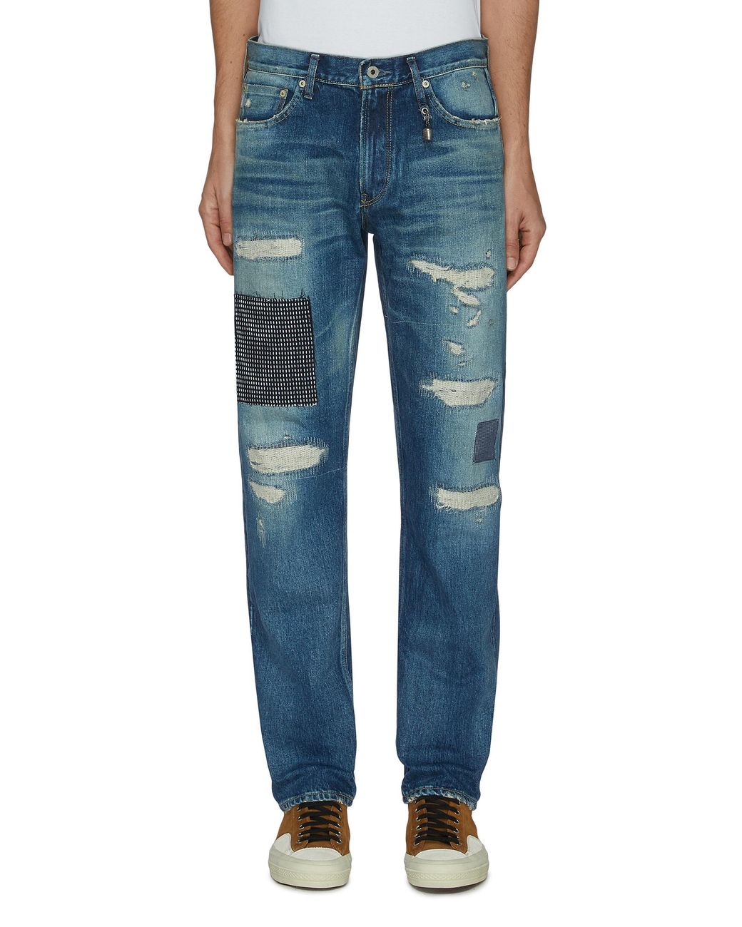 FDMTL Distressed Patchwork Raw Edge Denim Jeans in Blue for Men - Lyst