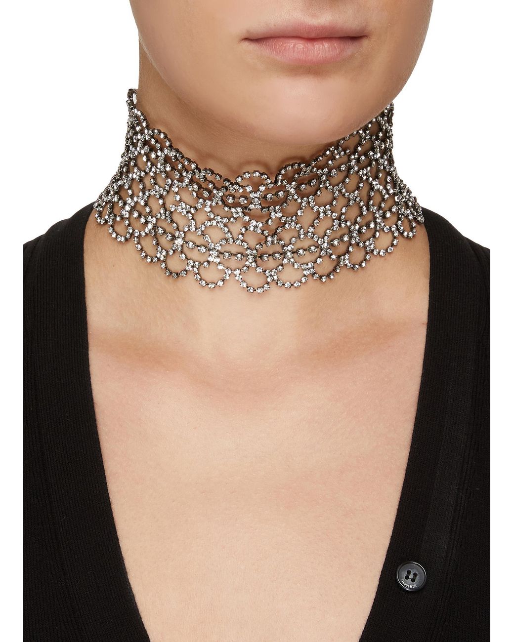 Kenneth Jay Lane Crystal Gunmetal Wide Lace Choker in White for