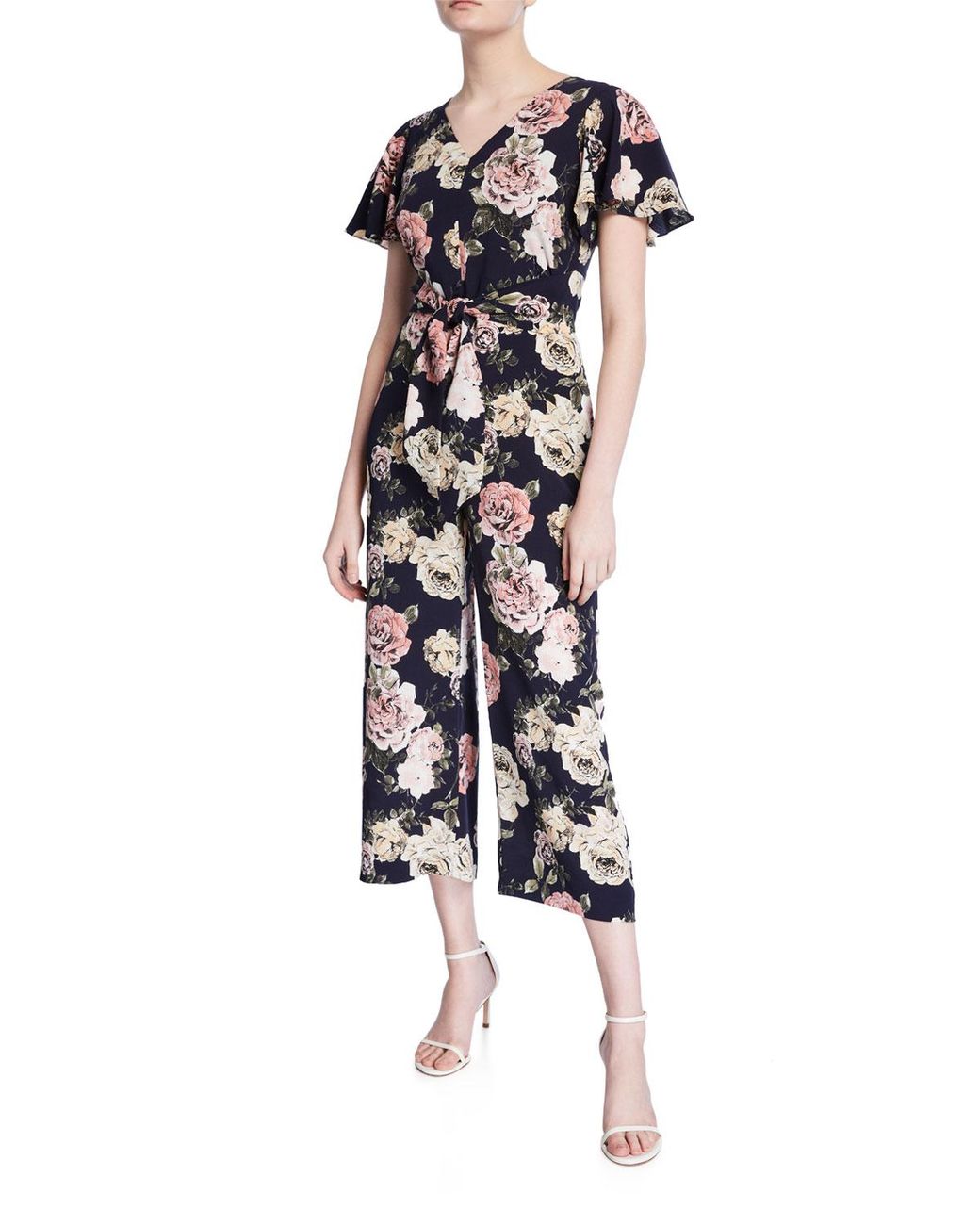 Tahari Floral Short-sleeve Tie-waist Cropped Jumpsuit in Pink - Lyst