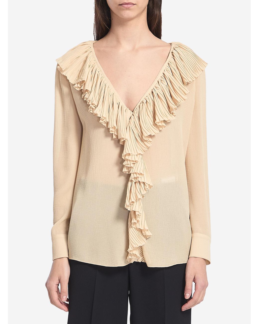Saint Laurent Natural Crepe Ruffle Blouse