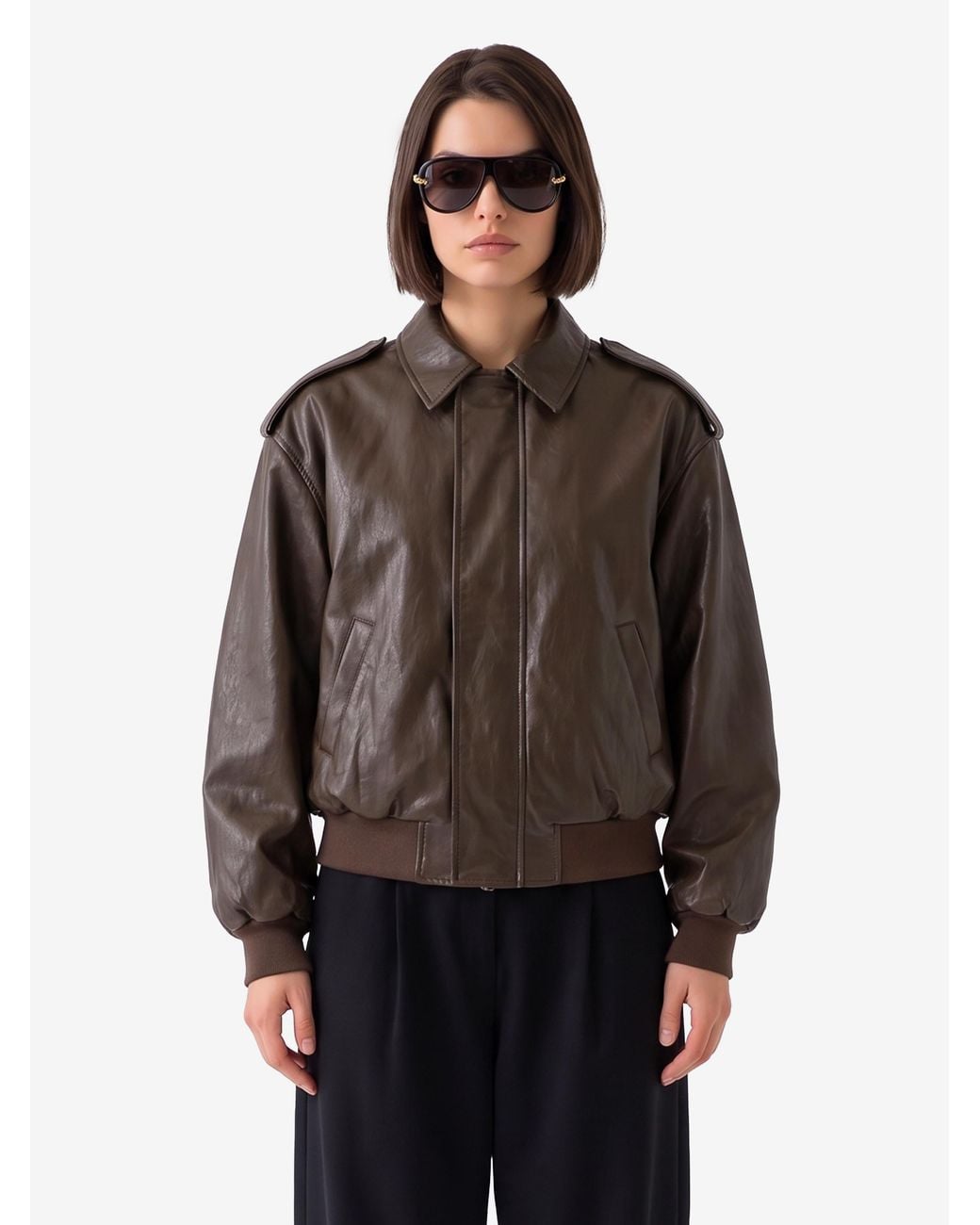 SUTTON NEW YORK Brown Laminated Faux Leather Bomber Jacket
