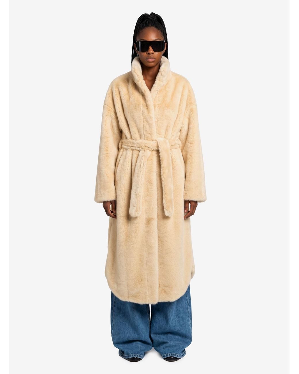 Frankie Shop Blue Camel Ravello Faux Fur Robe Coat