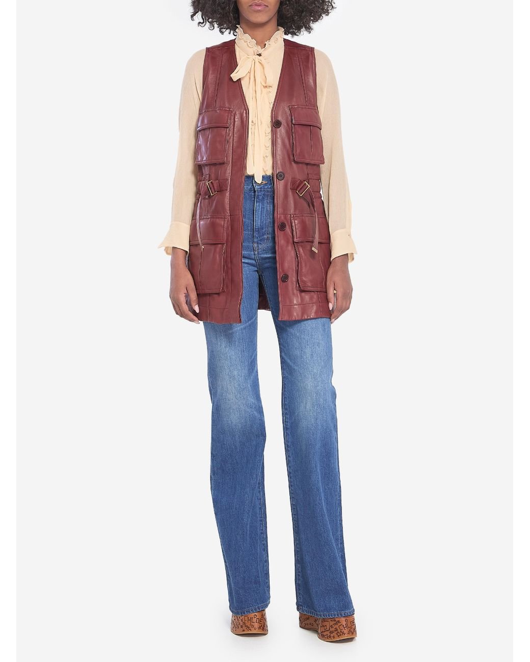 【CHLOE】BURGUNDY LEATHER UTILITY VEST●CH25UCG0121127N Chloé Burgundy Leather Utility Vest In Red | ModeSens