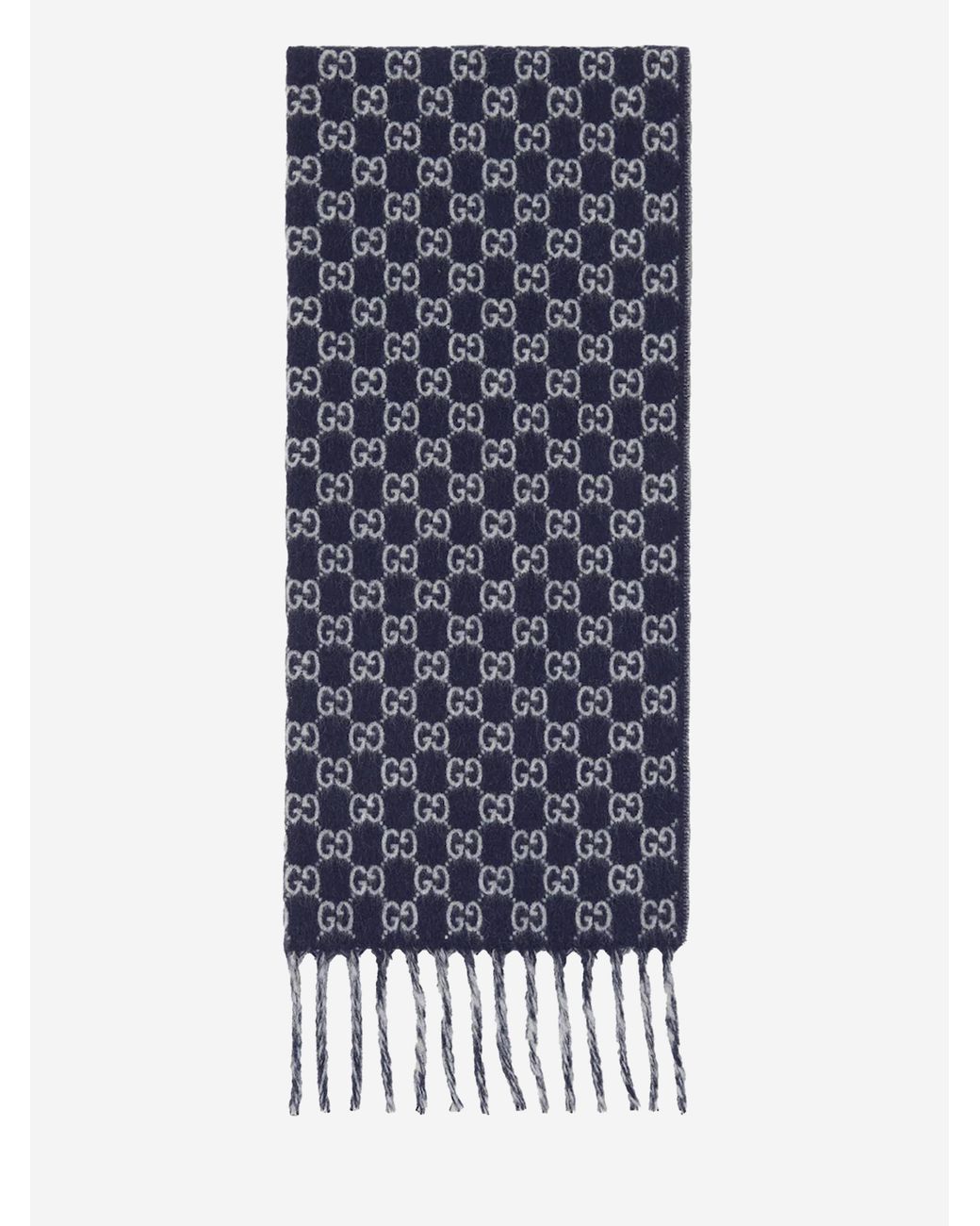 Gucci Blue Fringed Wool Cashmere Scarf 14.9"W X 70.8"L for men
