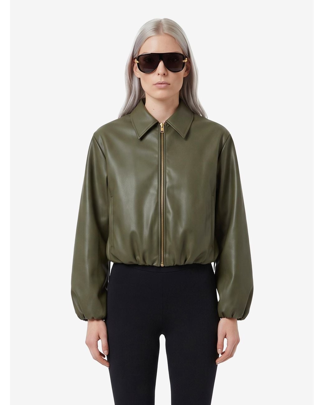SUTTON NEW YORK Green Military Faux Leather Cropped Bomber