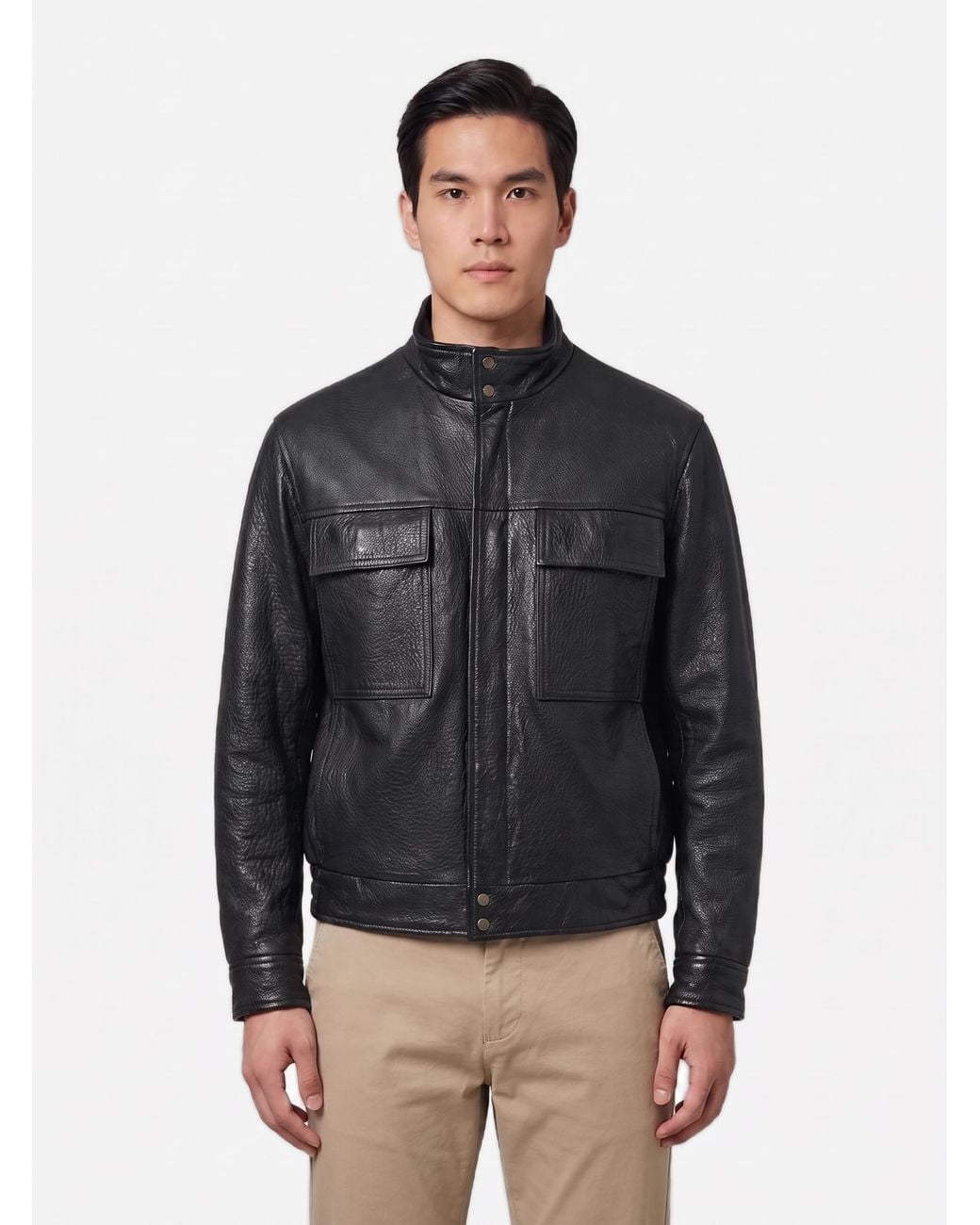 Salvatore Santoro Black Hammered Leather Bomber Jacket for men