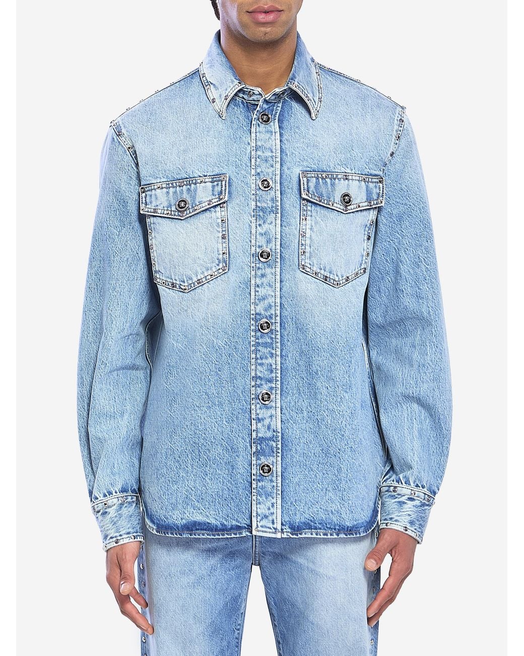 Versace Blue Stonewash Overshirt With Studs for men