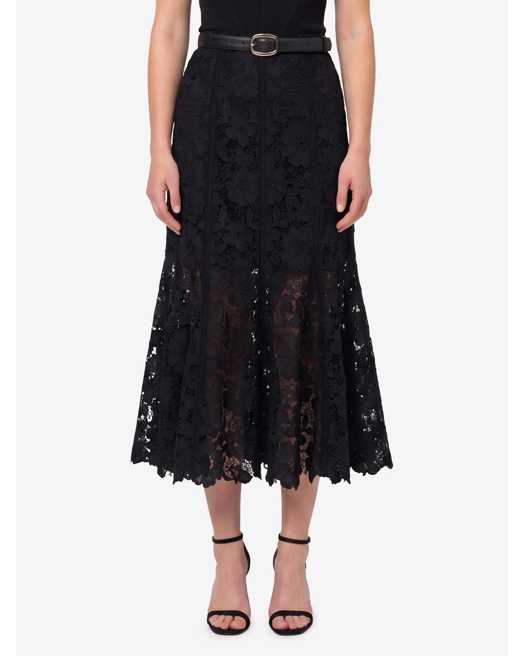Self-Portrait Black A-Line Lace Midi Skirt