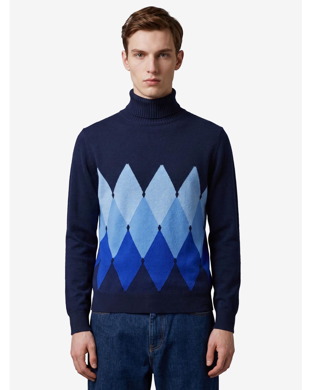 Ballantyne Blue Cashmere Diamond Rollneck Sweater for men