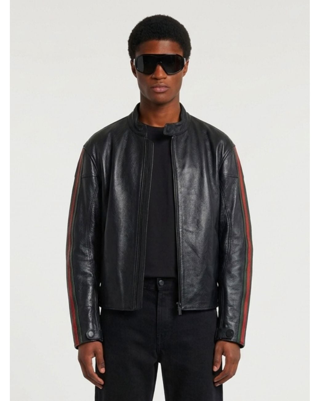 Gucci Black Leather Biker Jacket With Web Detail for men