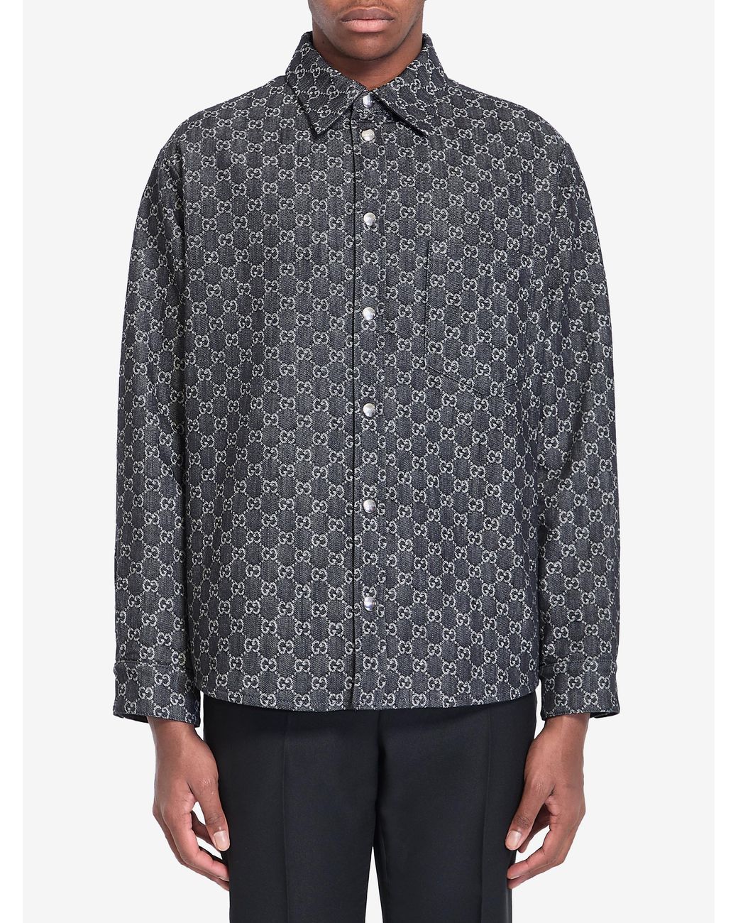 Gucci Gray Reversible Wool And Gg Denim Shirt for men