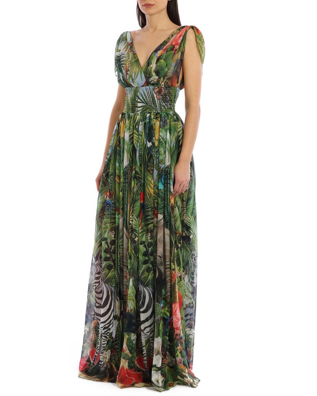Dolce & Gabbana Long Georgette Dress With Jungle Print in Green | Lyst