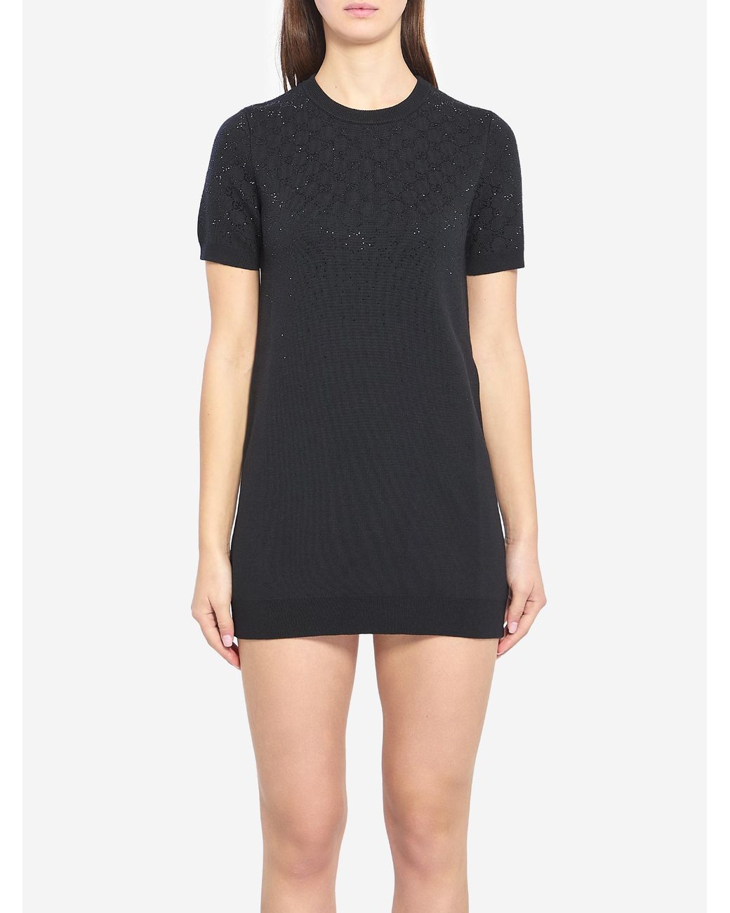 Gucci Black Fine Wool Dress With Gg Crystals