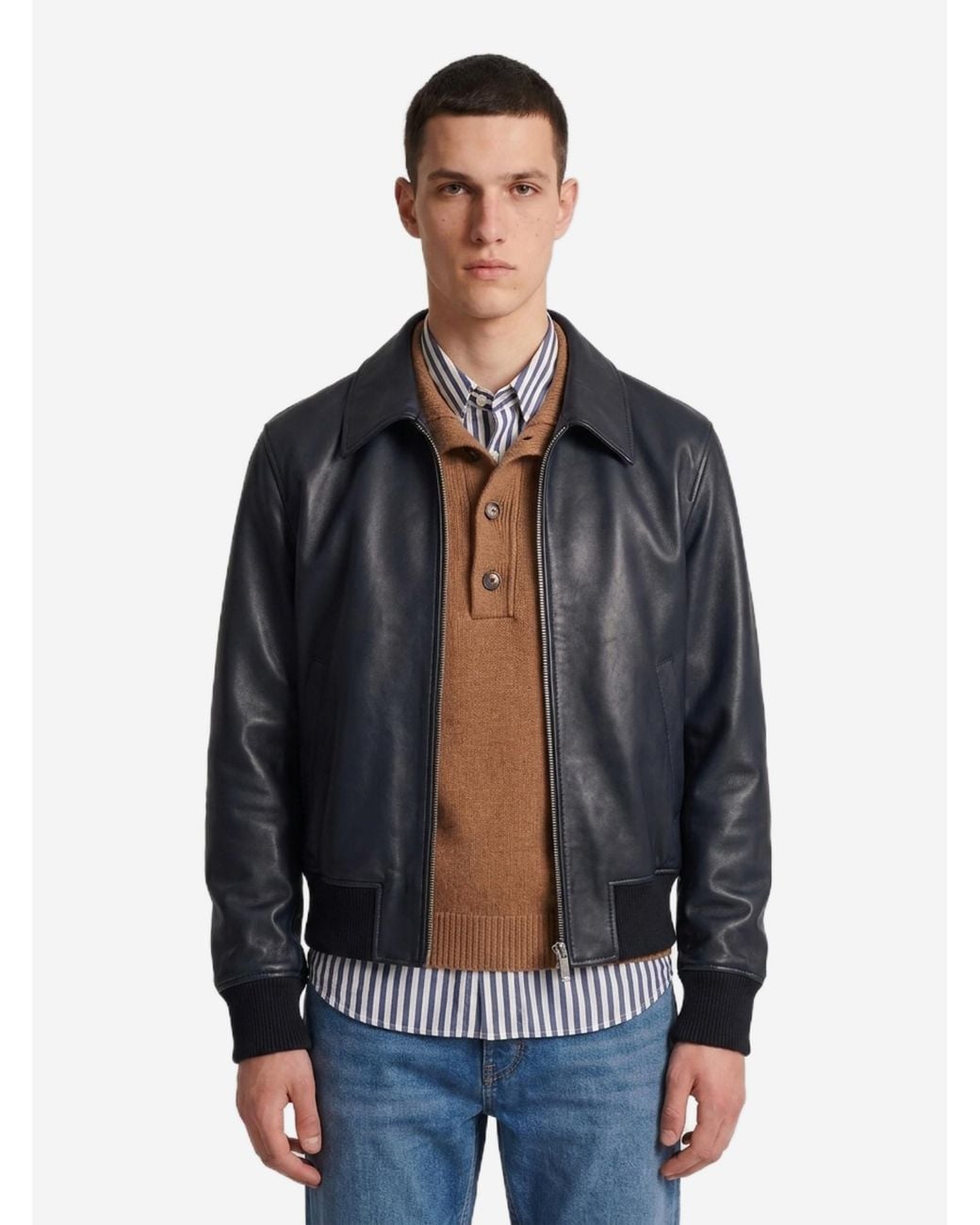 AMI Blue Lambskin Leather Zipup Jacket for men