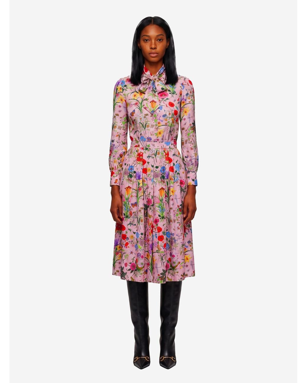 Gucci Red Flora Print Midi Chemise Dress