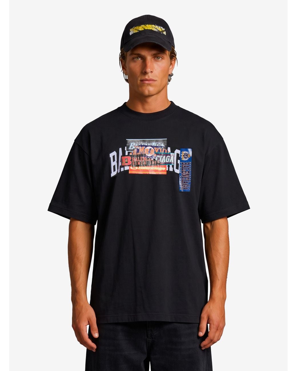 Balenciaga Black Medium Fit Bumper Stickers Tshirt for men