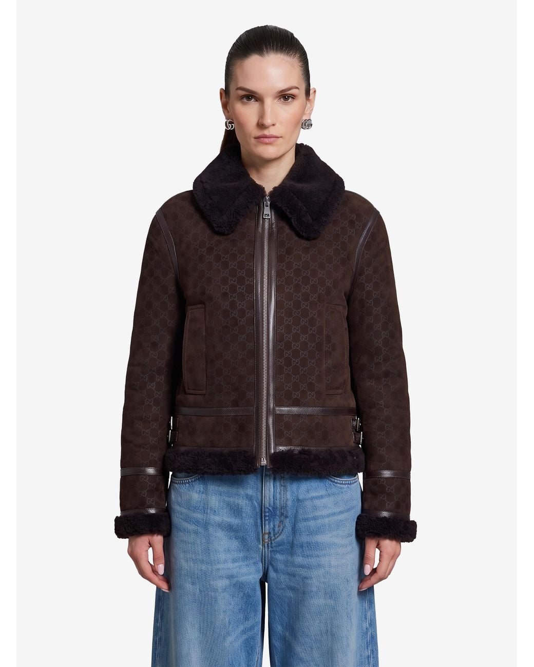 Gucci Brown Suede Leather And Shearling Jacket