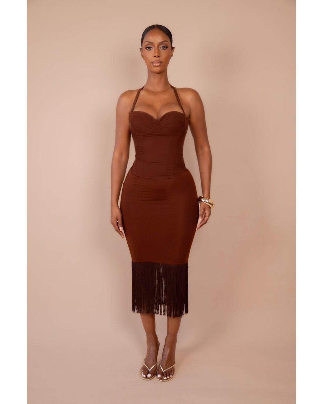 LemonLunar Brown The Ailany Tassel Midi Skirt